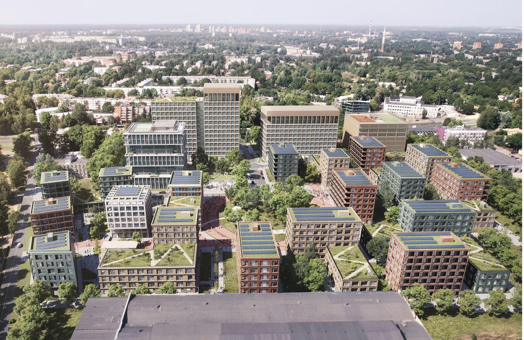 Aerial view of the planned DĀLE quarter in Pārdaugava